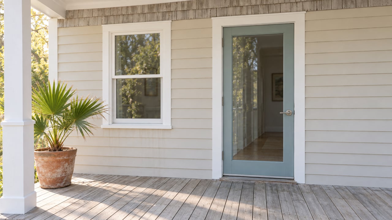 Sea-glass blue glazed front door and white-framed window on a sand-colored coastal home's weathered timber porch, beside a potted dwarf palmetto.