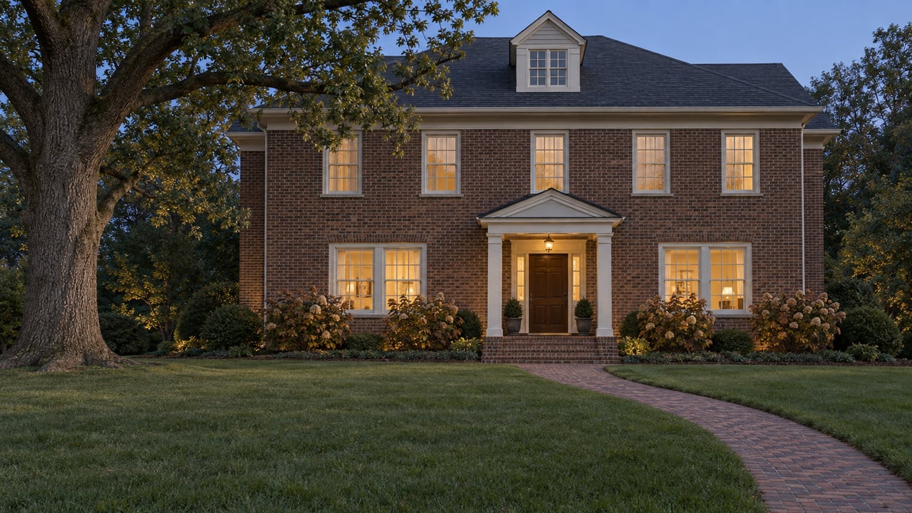 Two-story brick home behind a broad lawn and curved brick walk at twilight, with warm window light and a mature white oak.