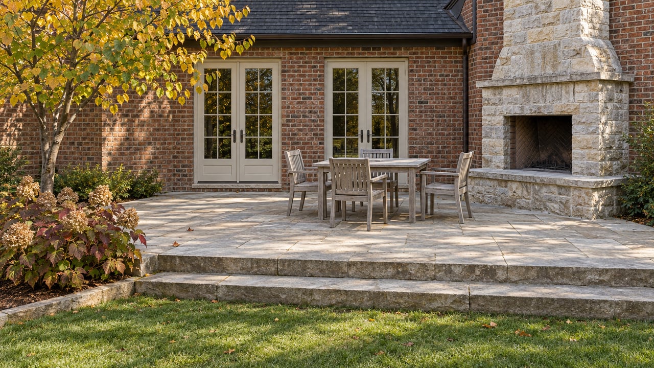 Brick home's rear terrace with closed cream French doors, a limestone outdoor fireplace, teak dining furniture and autumn planting.