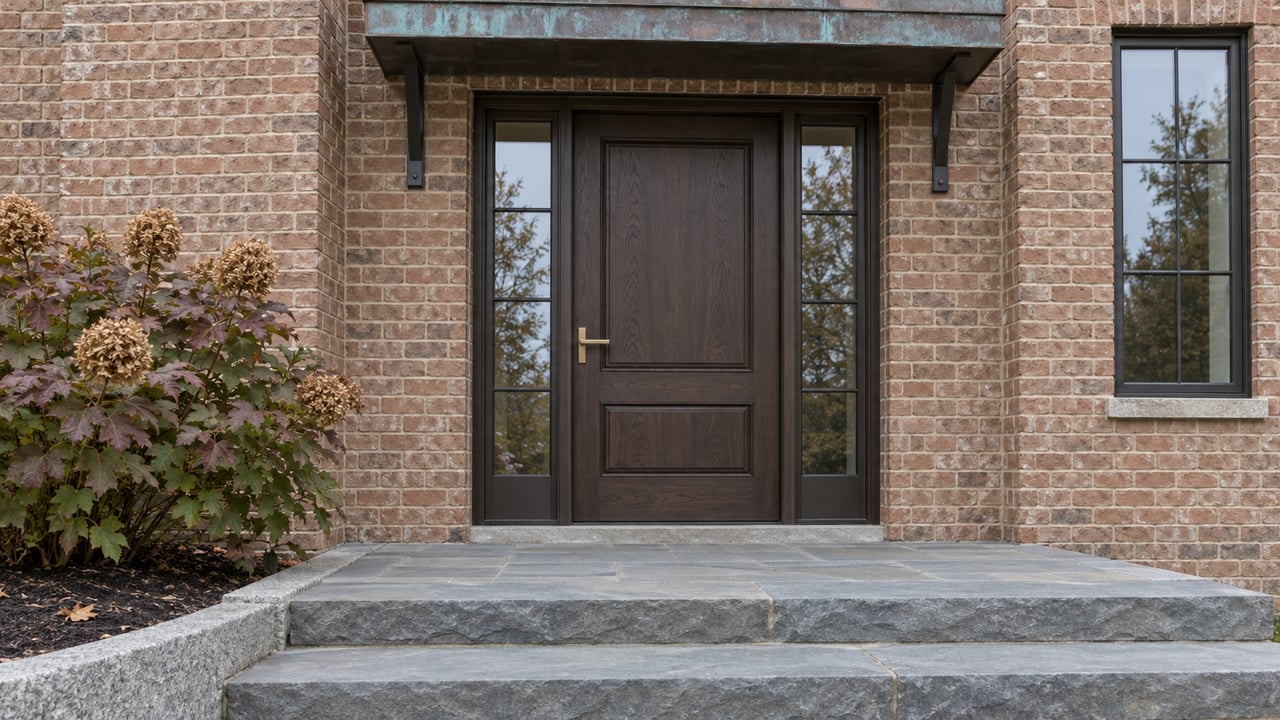 Recessed oak entrance with paired glazed sidelights, weathered brick, copper canopy and broad bluestone steps beside an oakleaf hydrangea.