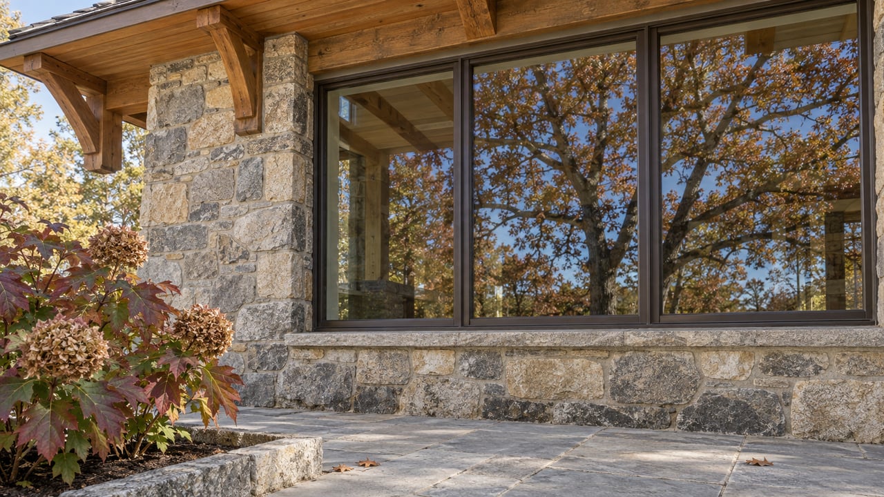 Autumn sunlight on a stone home's timber eaves, bronze-framed windows and flagstone terrace beside oakleaf hydrangea.