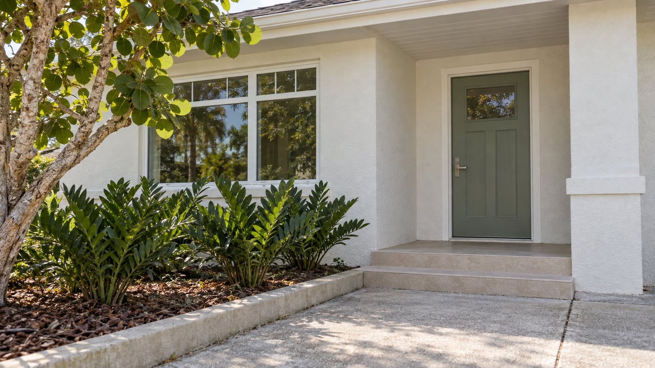 Close exterior view of a compact white stucco home with a sage door, shaded porch, sea grape tree and coontie planting.
