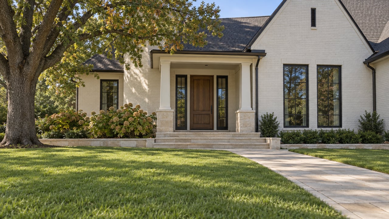 White brick house with a covered entry, broad front steps, and a stone walkway through the lawn.