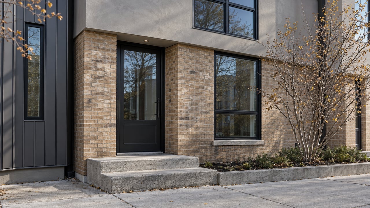Attached townhouse with buff brick, gray stucco, black-framed windows, and a concrete stoop beside a small tree.