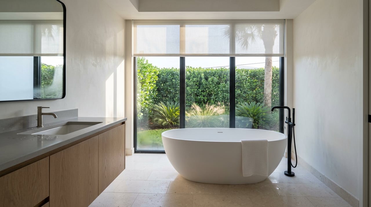 Oval freestanding tub beside a white oak vanity, with a clipped garden hedge beyond the window.