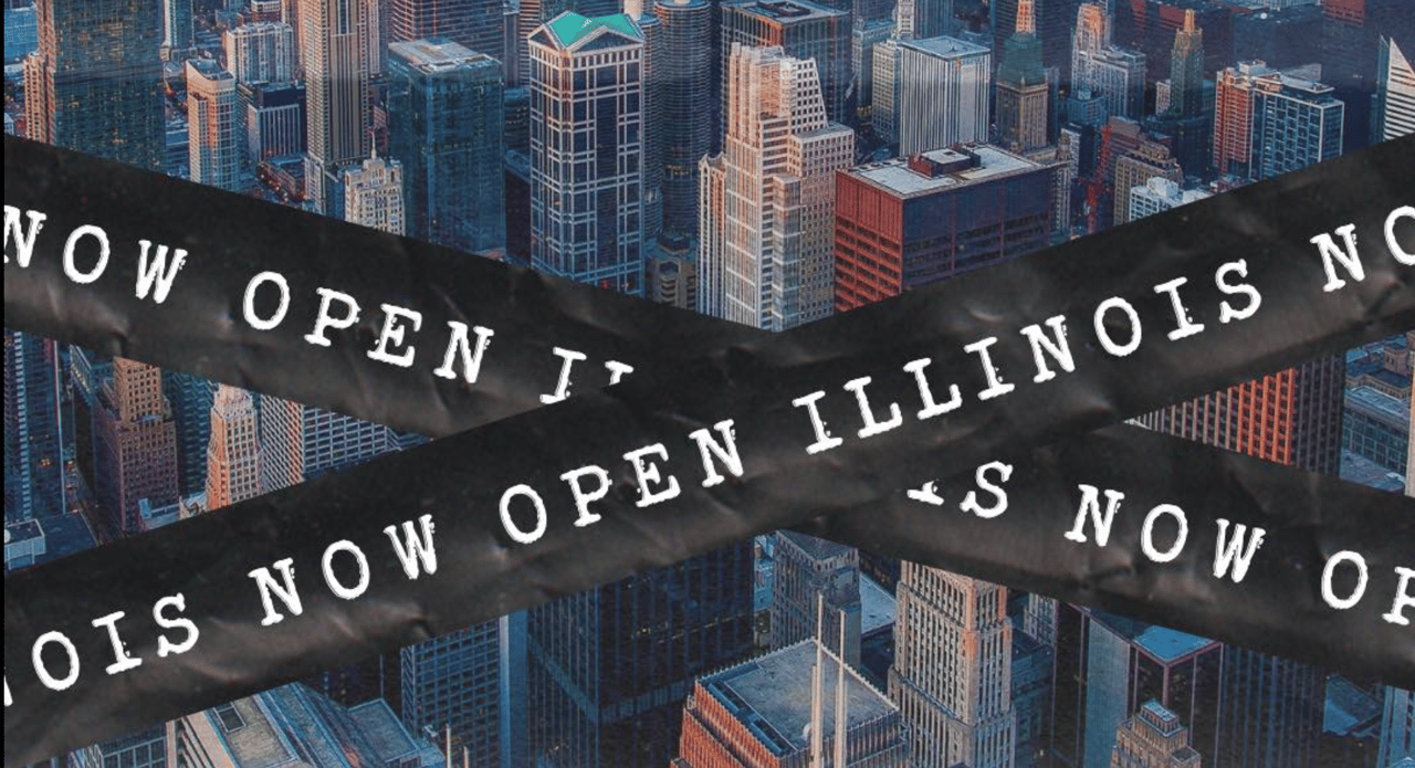 Any announcement with a chicago skyline and a banner across saying "Illinois Now Open"