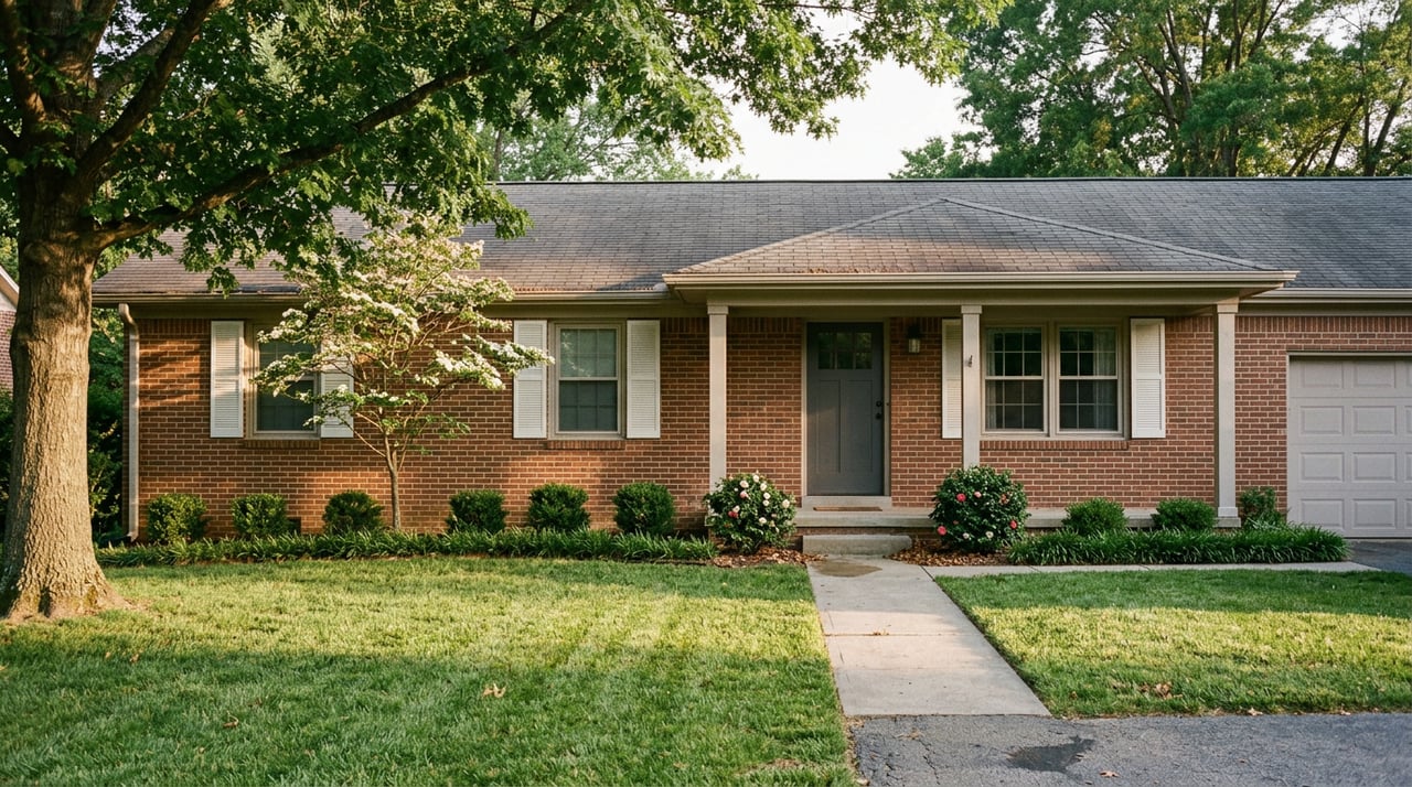 Brick ranch house with white shutters, a deep lawn, and a mature oak casting a long shadow across the grass.