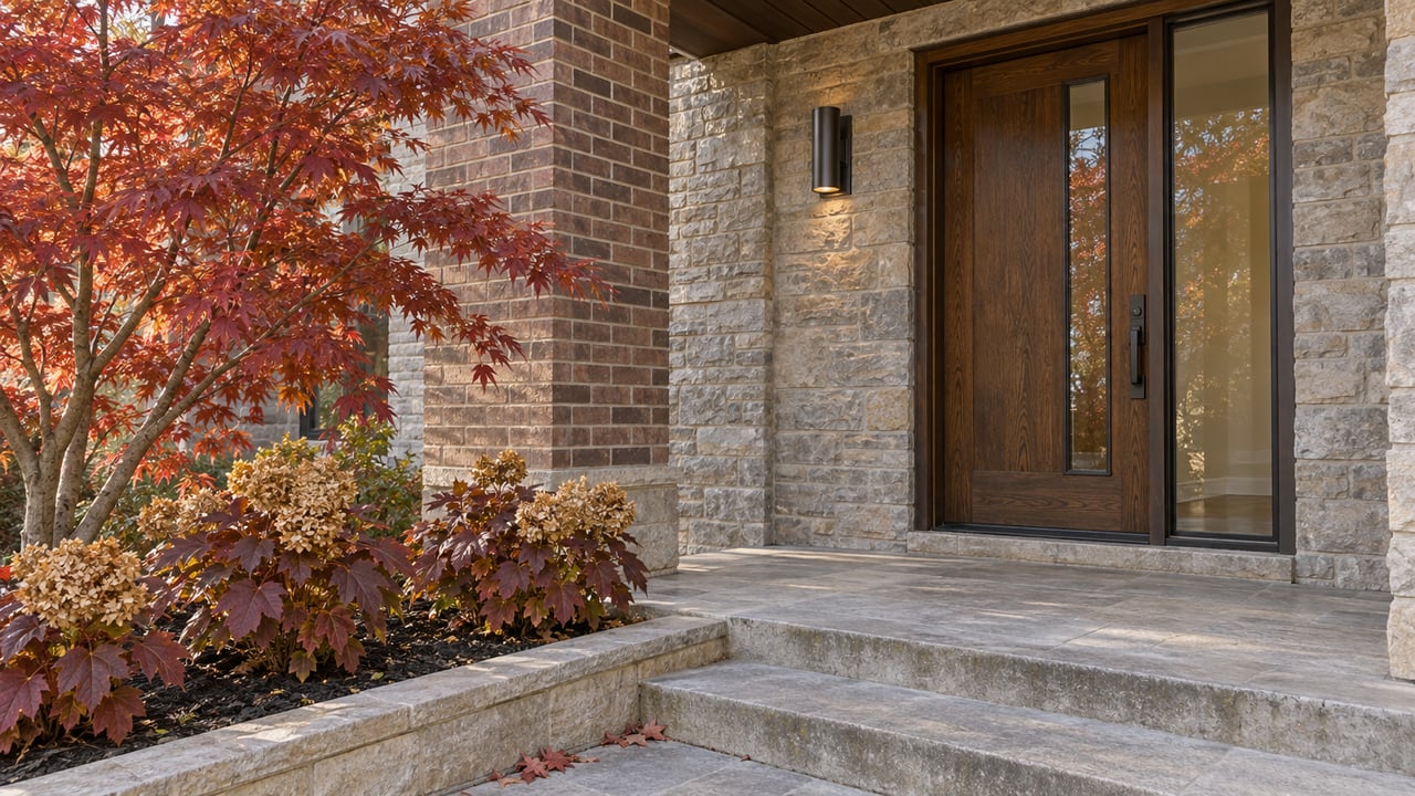 Autumn maple beside a brick-and-limestone home entrance with an oak door, glazed sidelight, and broad stone steps.