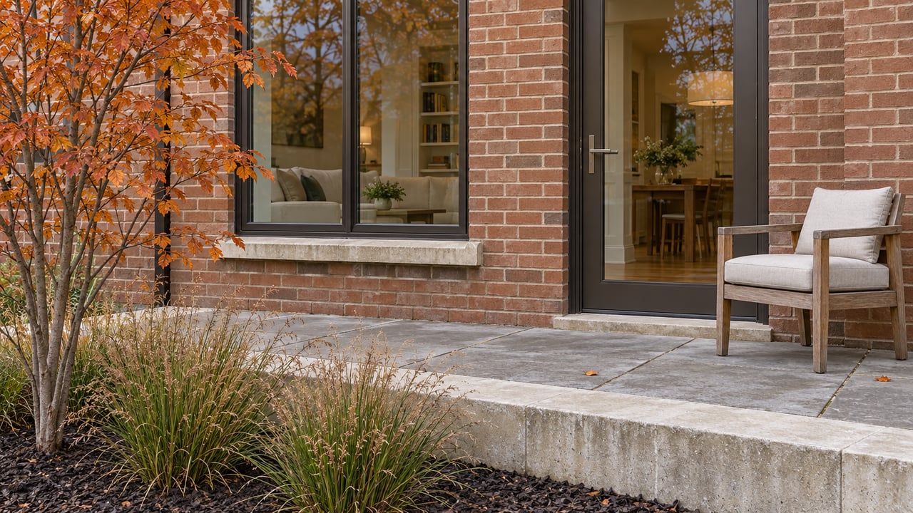 Brick condominium frontage with bronze-framed glazing, a limestone-edged terrace, a teak chair and copper-colored serviceberry leaves.