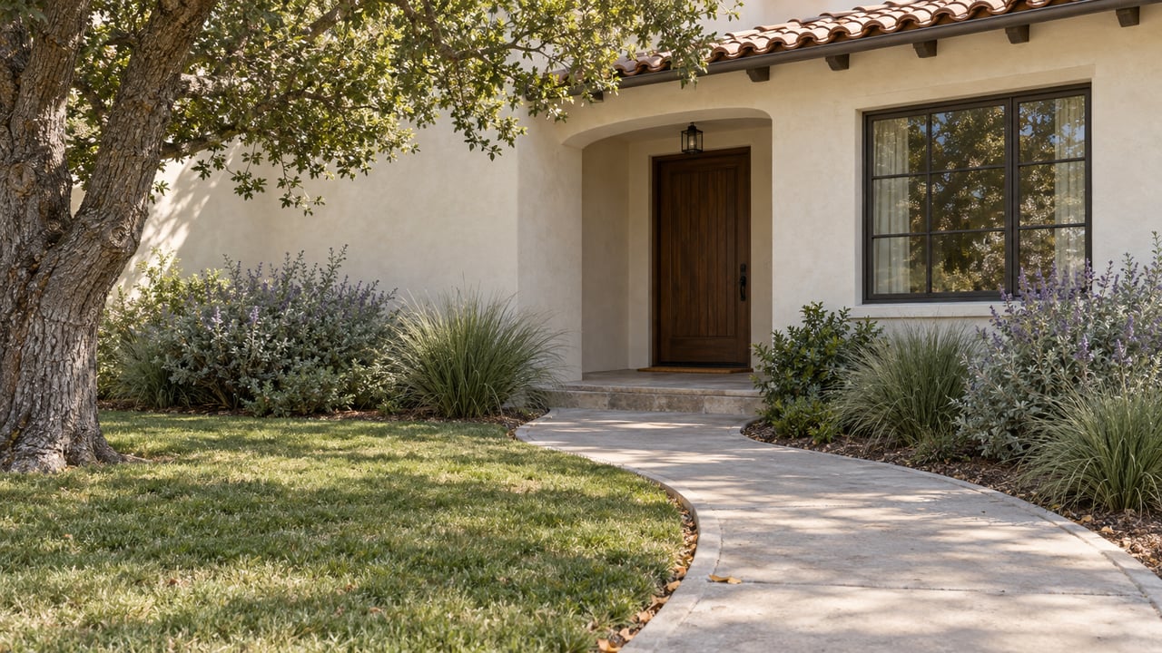 Cream stucco home with a recessed oak door, terracotta roof, curving walkway, and mature oak tree.