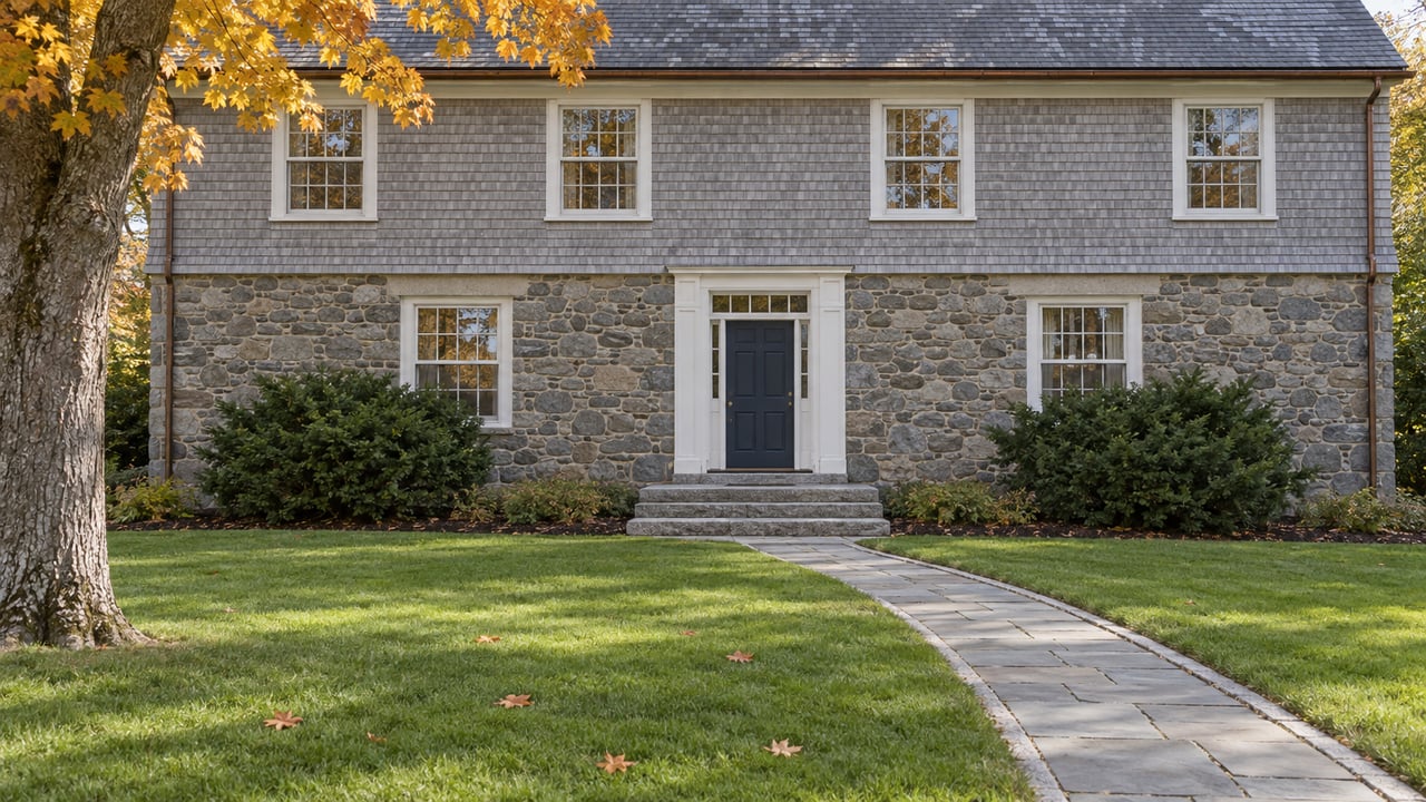 Stone-and-shingle house with white sash windows, a blue door and a bluestone approach across a broad autumn lawn.
