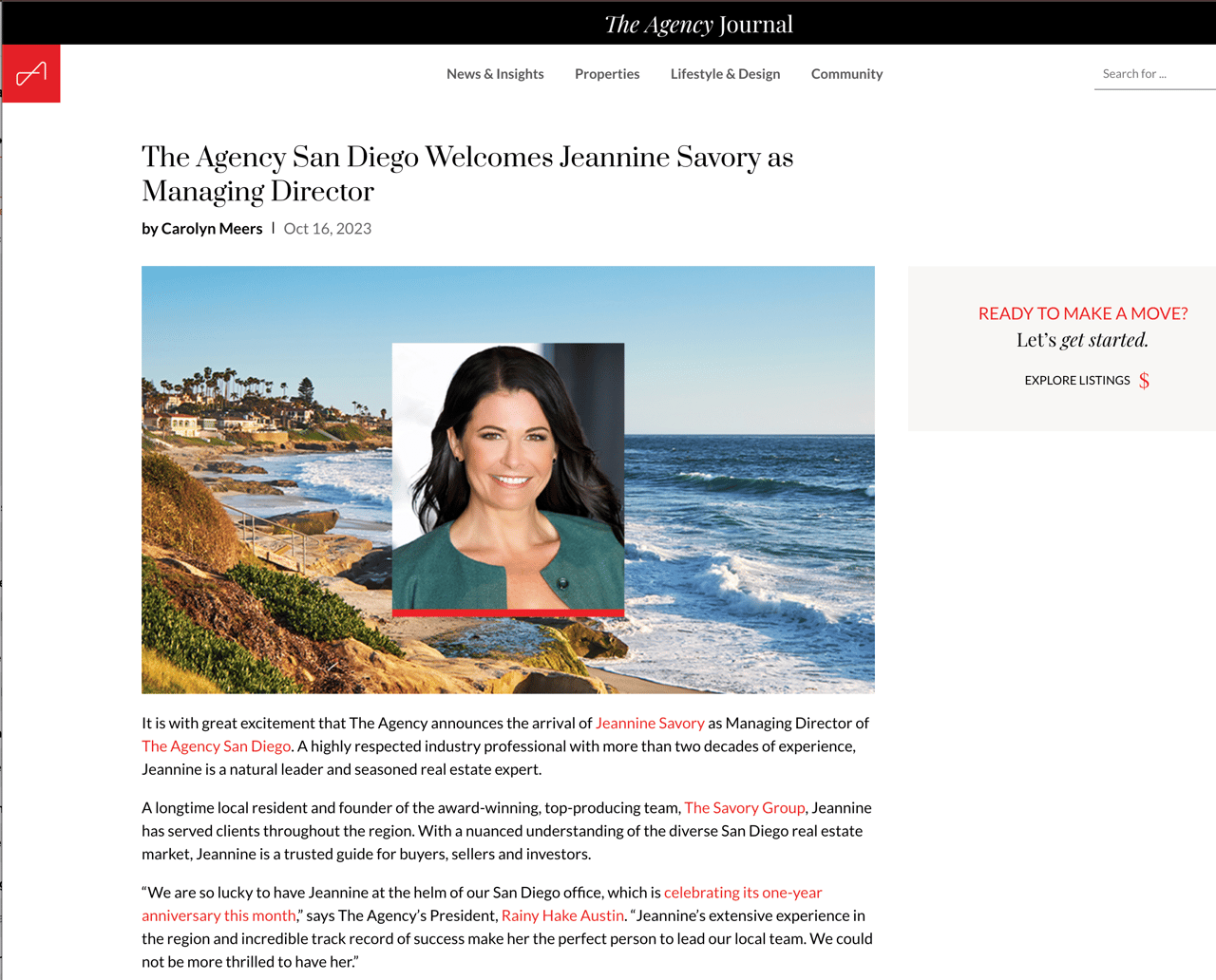 The Agency announces the arrival of Jeannine Savory as Managing Director of The Agency San Diego.