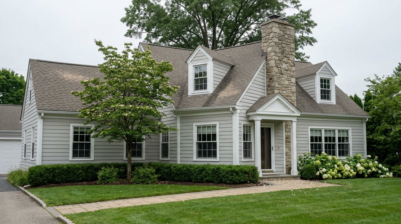 Gray two-story Colonial house with white trim, stone chimney, dormers, lawn, and flowering shrubs.