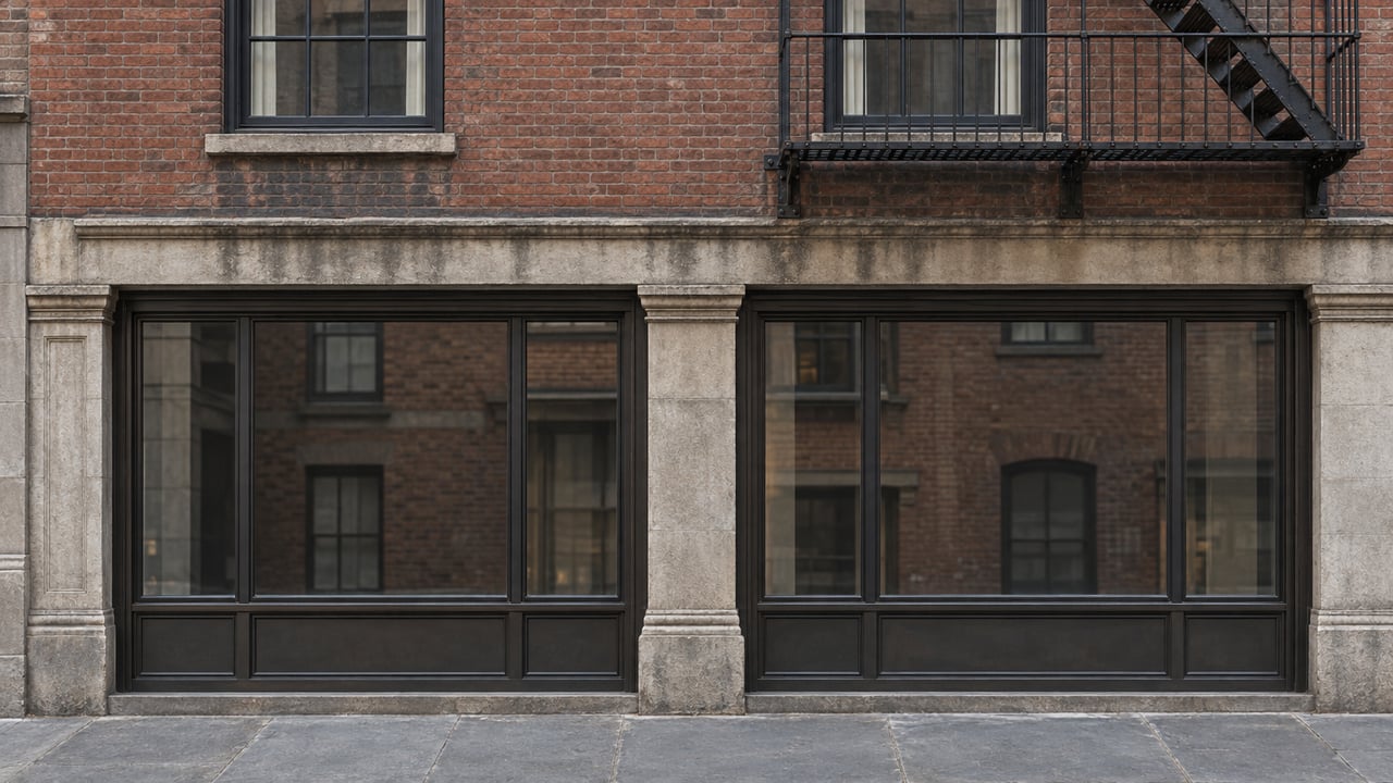Red-brown brick facade with two upper windows, an iron fire escape, and dark ground-floor glass bays.