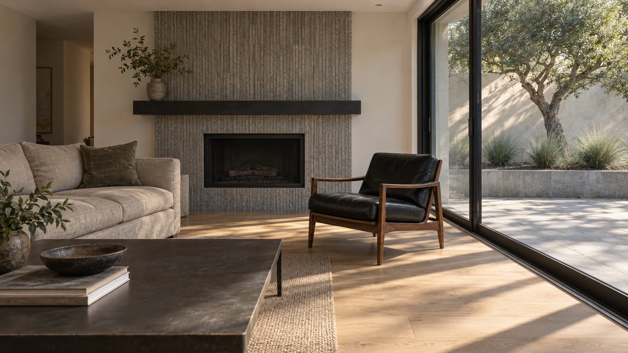 Contemporary living room with textured gray stone fireplace, oak flooring, linen sofa and black leather chair beside garden-facing glass.