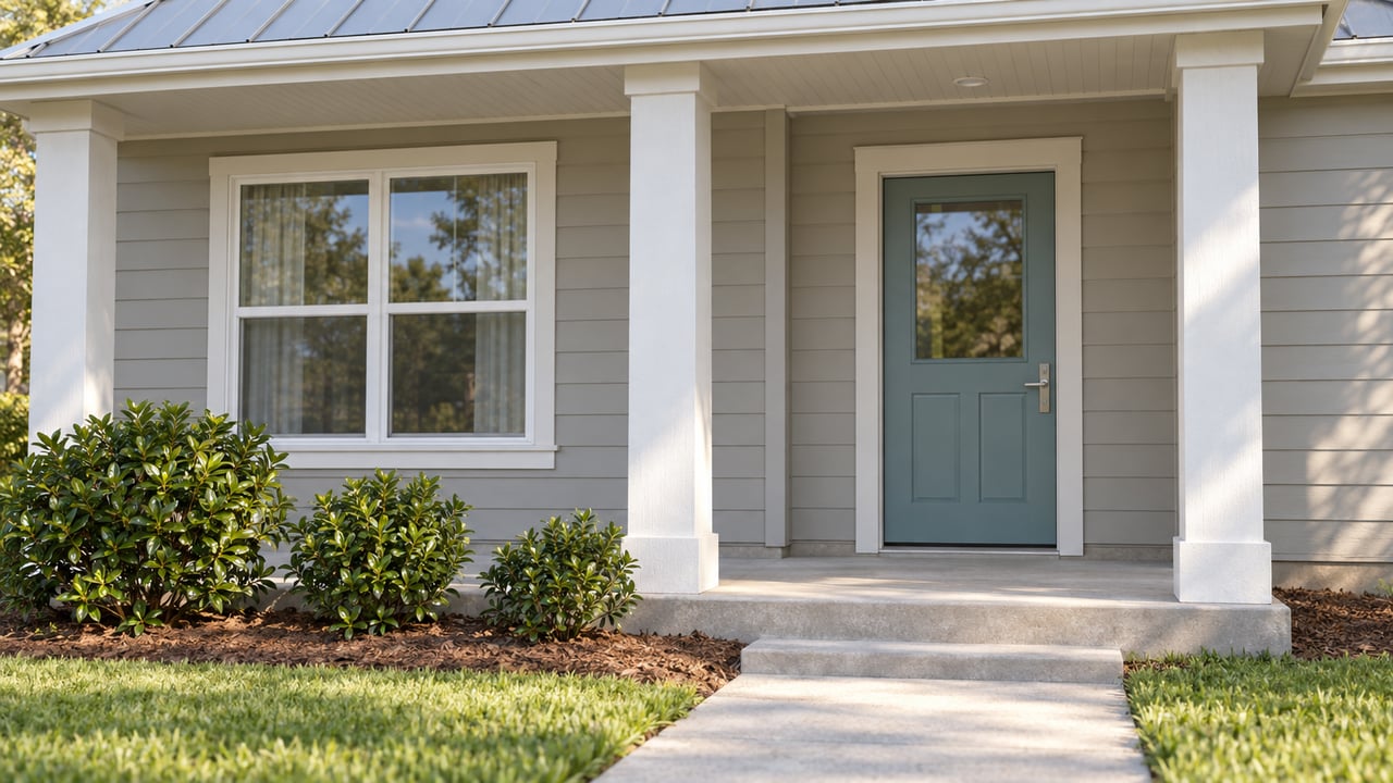 A pale gray single-story home's covered entry porch, blue front door, concrete approach and glossy gardenia shrubs in natural morning light.