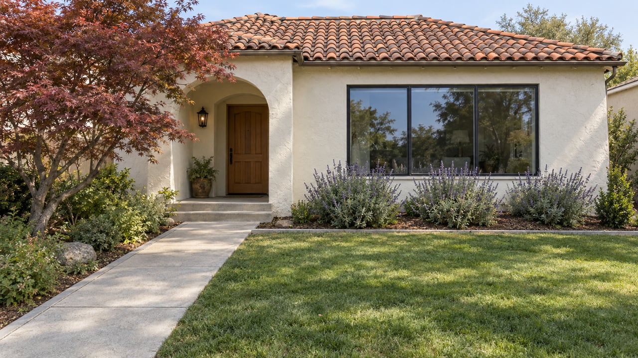 Ivory stucco home with clay roof tiles, an arched oak entry, black-framed windows, and a deep front garden.
