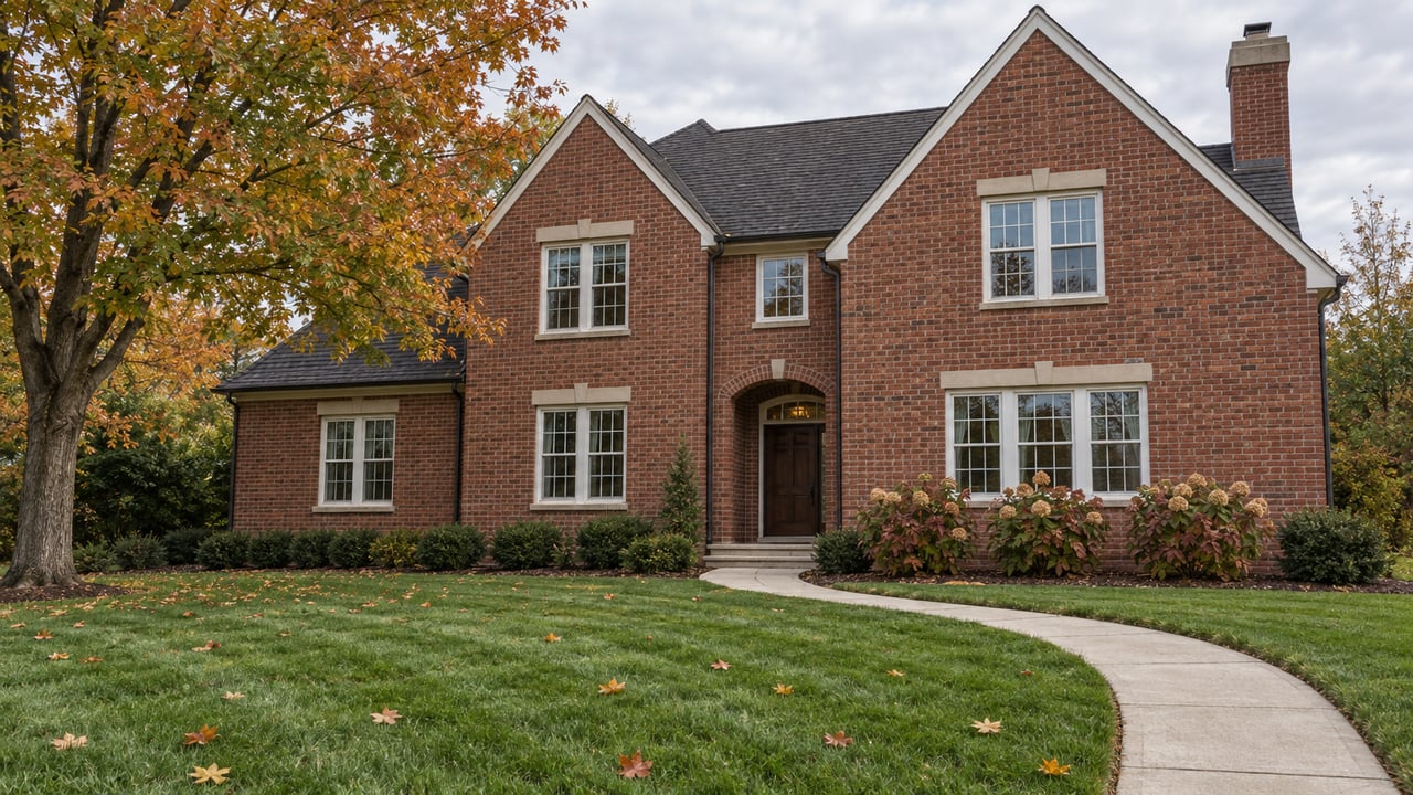 Two-story red-brick home with steep gables, a curving concrete walk across a deep green lawn, and an amber-leaved maple.