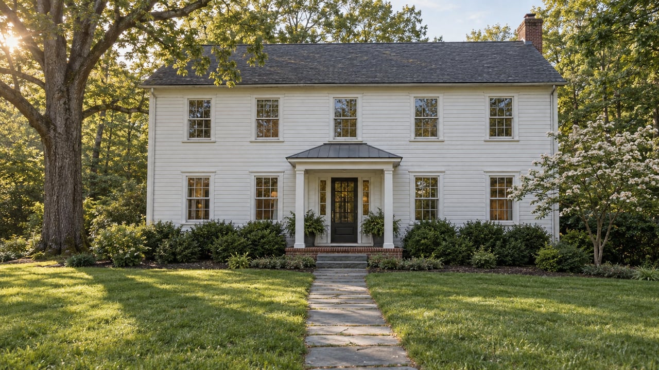 White clapboard house beyond a bluestone lawn path, beneath a spreading white oak.