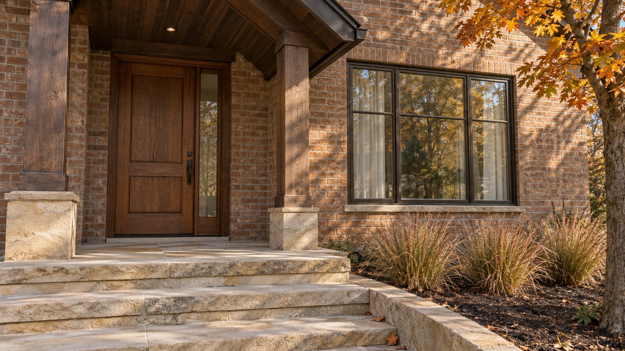 Autumn light on a brick home's sheltered oak entry, sandstone steps and bronze-framed window, beside amber maple branches.