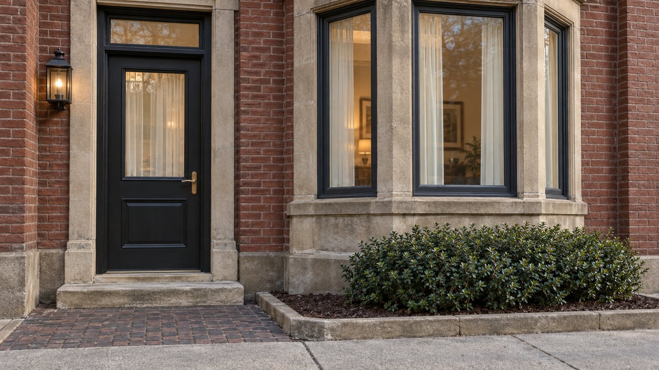 Red brick home entrance and tall charcoal-framed bay windows above a worn stone doorstep and a small inkberry planting bed.