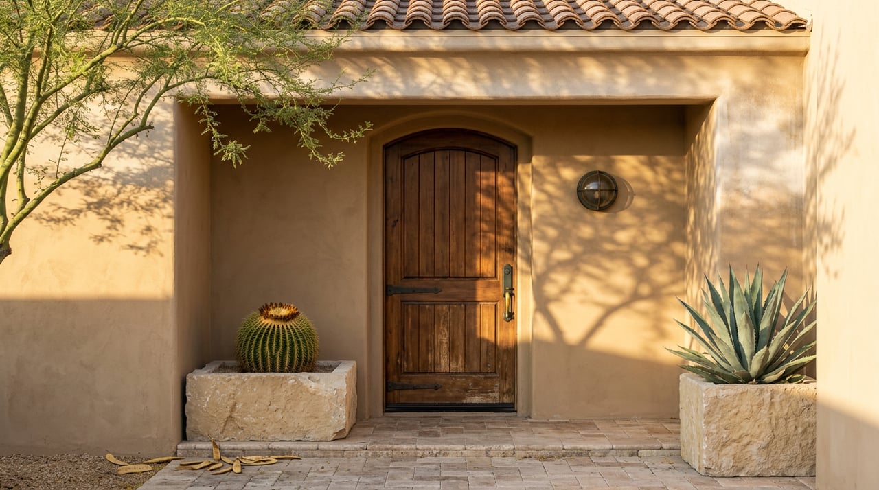 Arched walnut entry door between stone planters with barrel cactus and agave, beneath a palo verde.