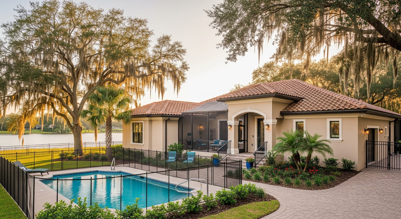 Single-story stucco home with a screened patio, fenced swimming pool, and moss-draped trees.