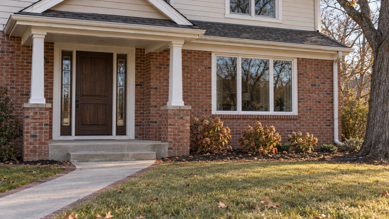 Late-autumn sunlight on a brick and cream-clapboard home, with a deep front lawn, concrete entry walk and oakleaf hydrangeas.