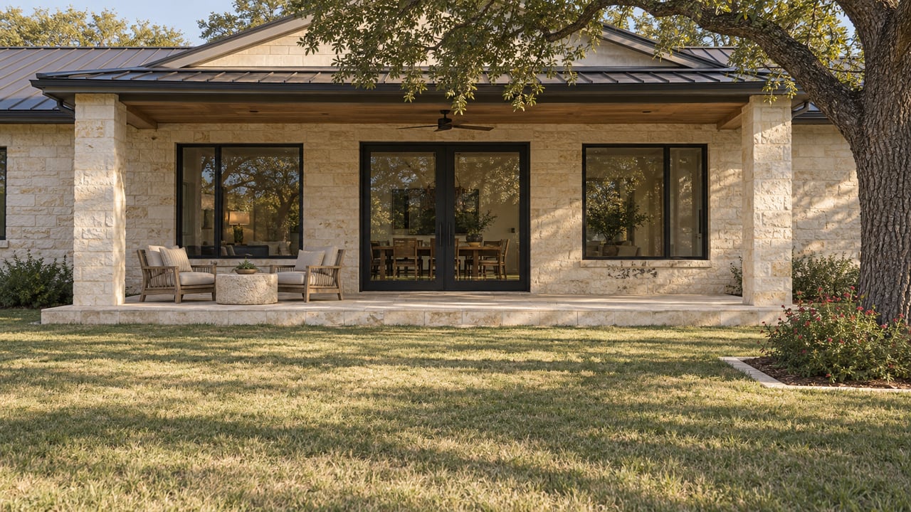 A limestone home with a shaded terrace, teak chairs and a broad dry-season lawn beneath a mature live oak.