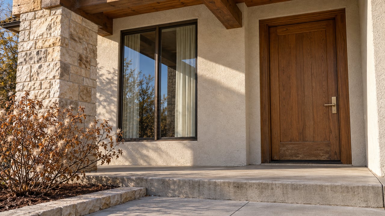 Late-afternoon light across a limestone and timber porch, closed oak front door, and bronze-framed window beside a small autumn planting bed.