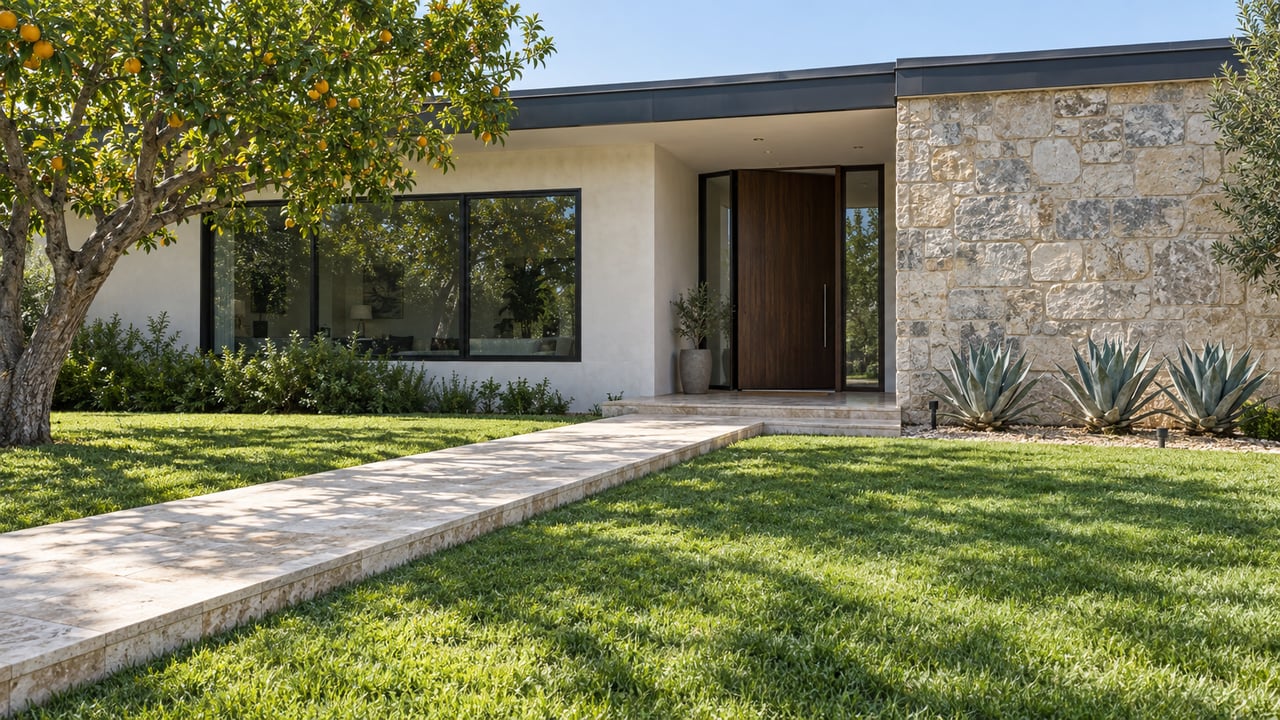 Low modern home with white plaster, a limestone entry, black-framed glazing, and a travertine path across a deep lawn beside a mature orange tree.