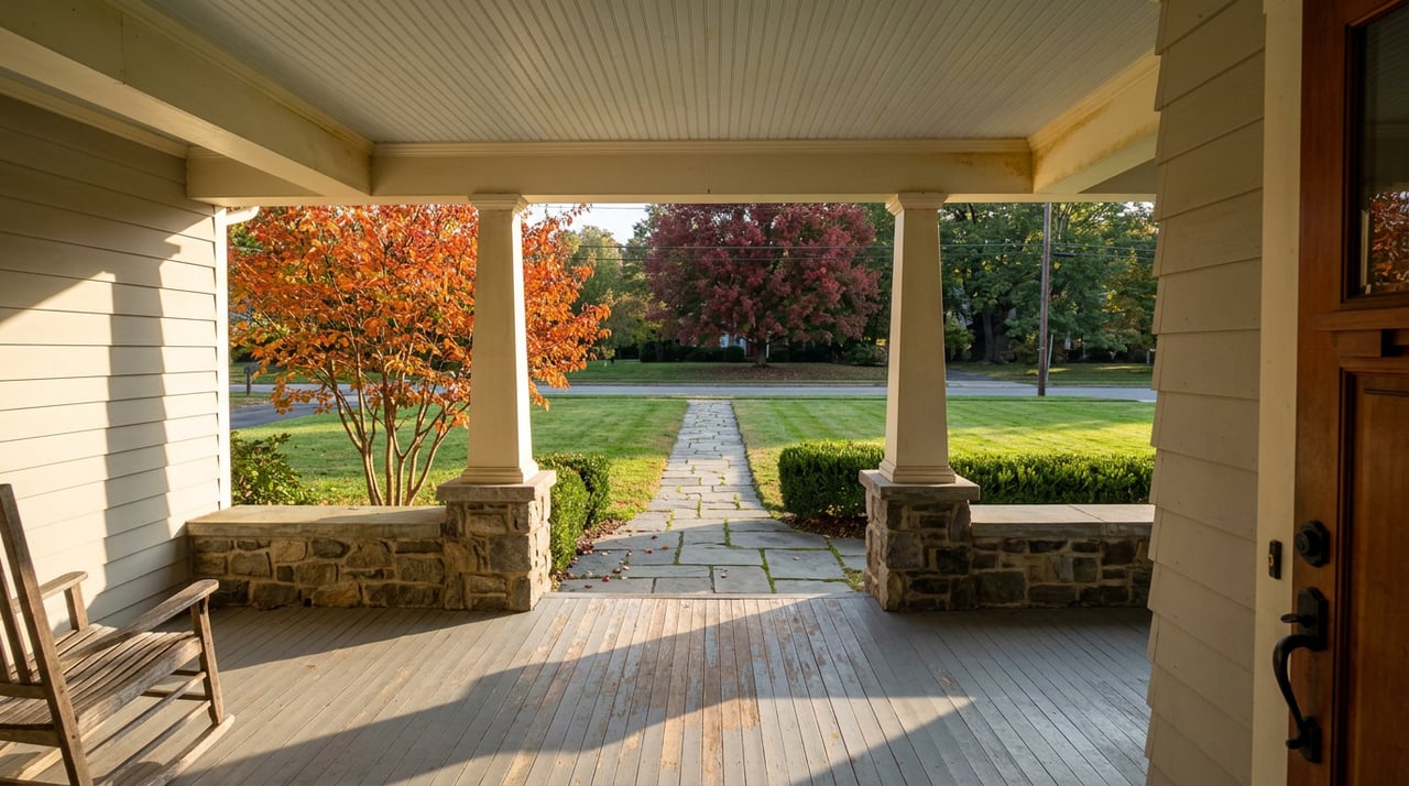 Covered porch framed by stone-based columns, overlooking a bluestone path and lawn beneath red autumn trees.