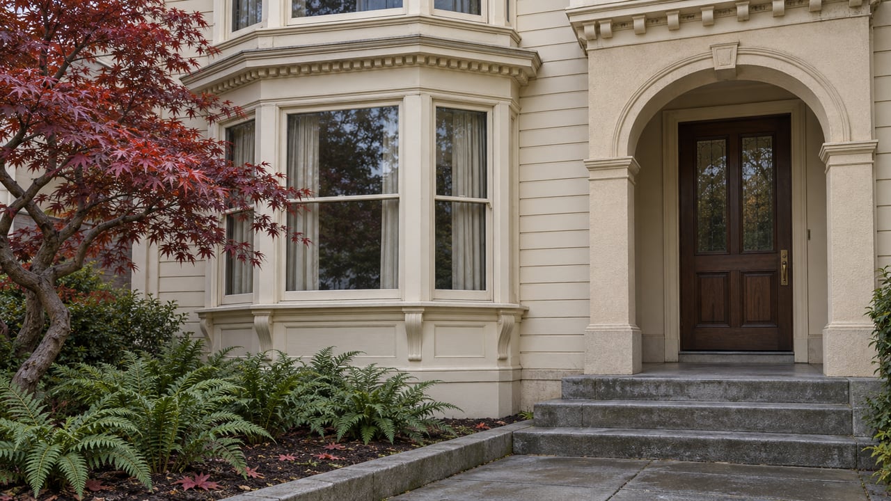 Ivory bay-window facade beside an arched oak entrance, stone steps, and a burgundy Japanese maple in a small entry garden.