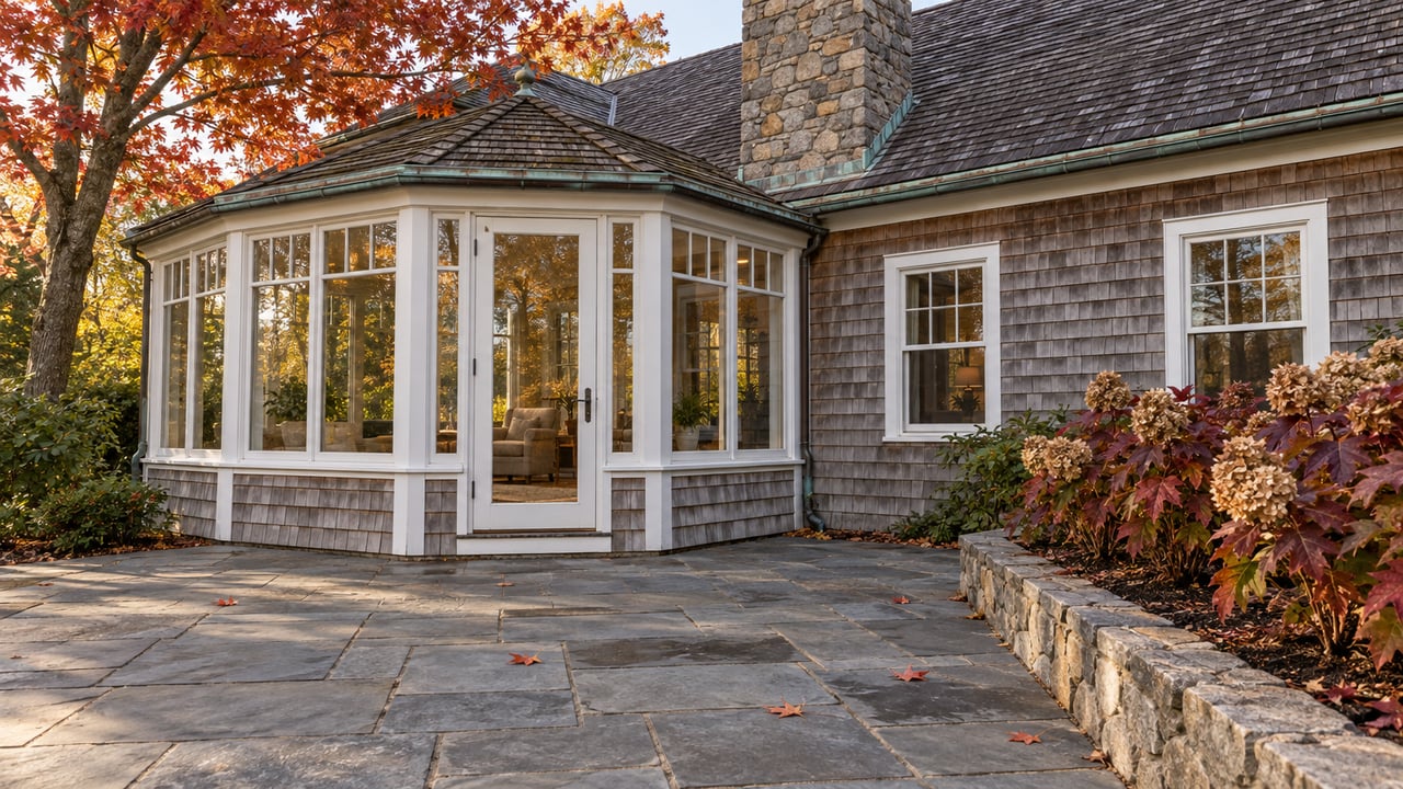 Weathered cedar-shingle home with a glazed sunroom, bluestone terrace, stone chimney and autumn red maple and oakleaf hydrangeas.
