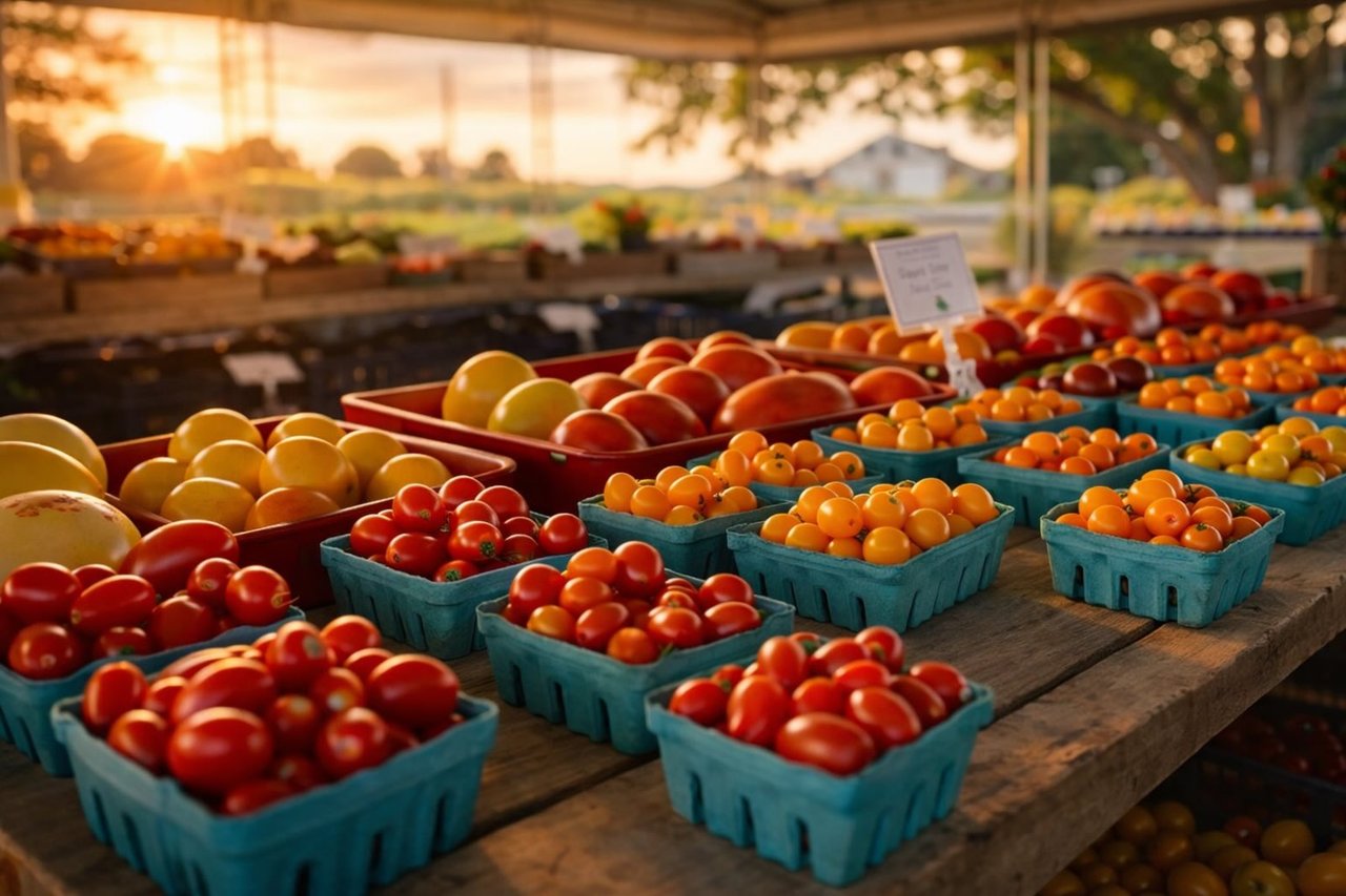 tomatoes and produce on table, Sang Lee farm in Peconic