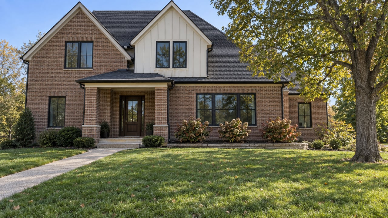 Brick home with steep gables, black-framed windows, a covered entry and a broad autumn lawn beside a mature white oak.