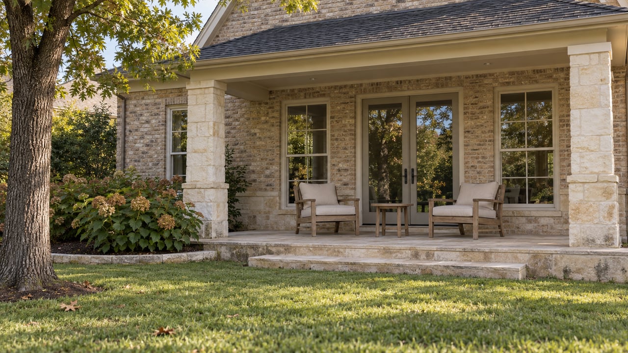 Limestone covered terrace and buff-brick home facing an autumn lawn, with teak chairs and a mature oak.