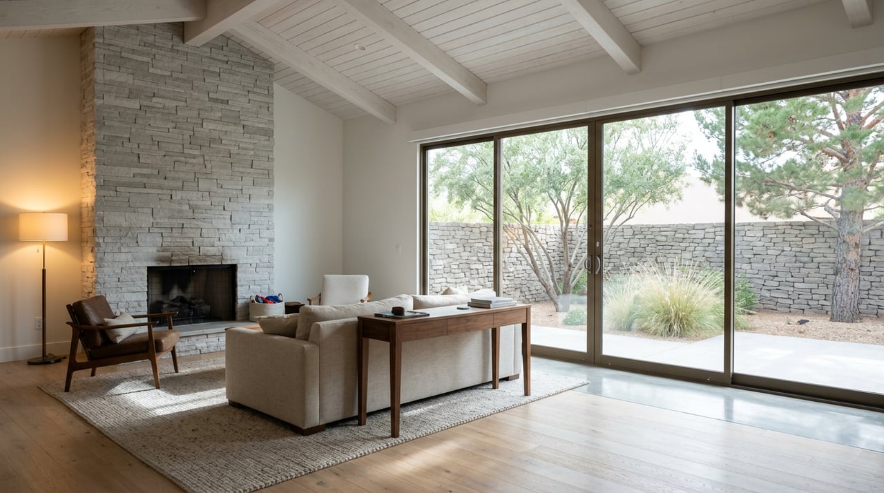 Villa great room with a stone fireplace, timber-vaulted ceiling, and glass doors facing a walled courtyard.