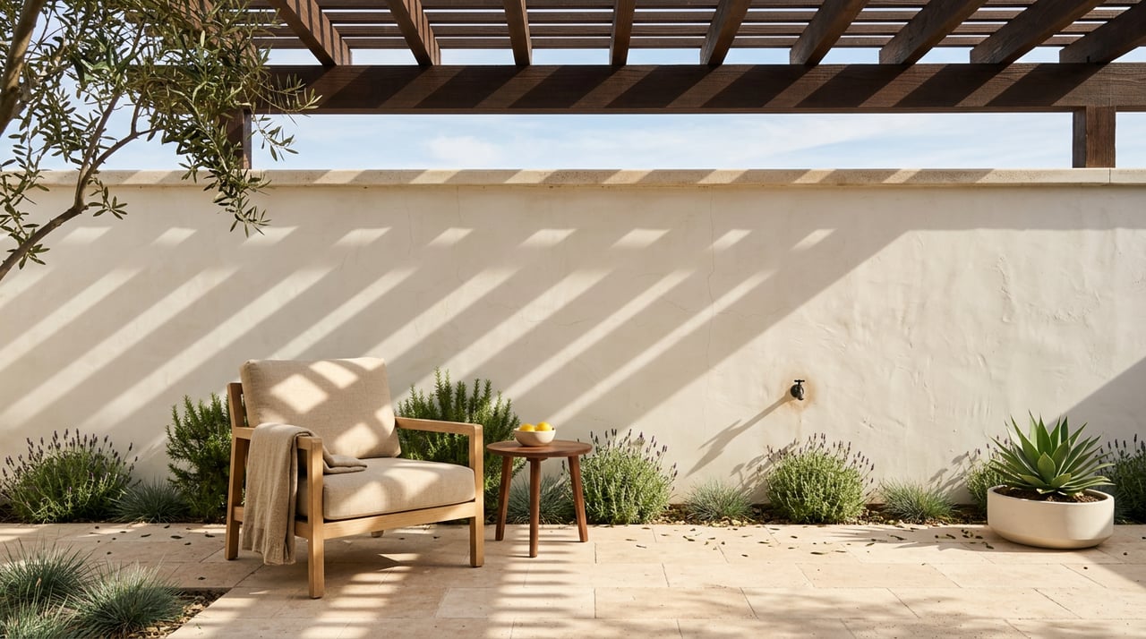 Oak lounge chair with a flax throw beside a lemon-filled bowl, under a cedar pergola in a stucco courtyard.