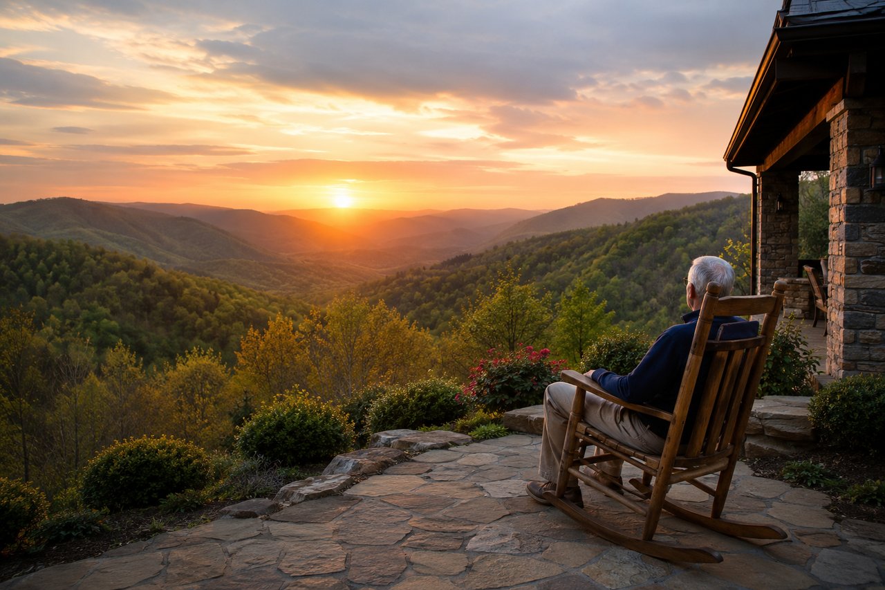 A realistic horizontal view of a retiree relaxing in a rocking chair on a spacious stone patio overlooking the rolling hills and mountains of Tennessee at sunset, showcasing the peaceful lifestyle and natural beauty that make the state an appealing place to retire.