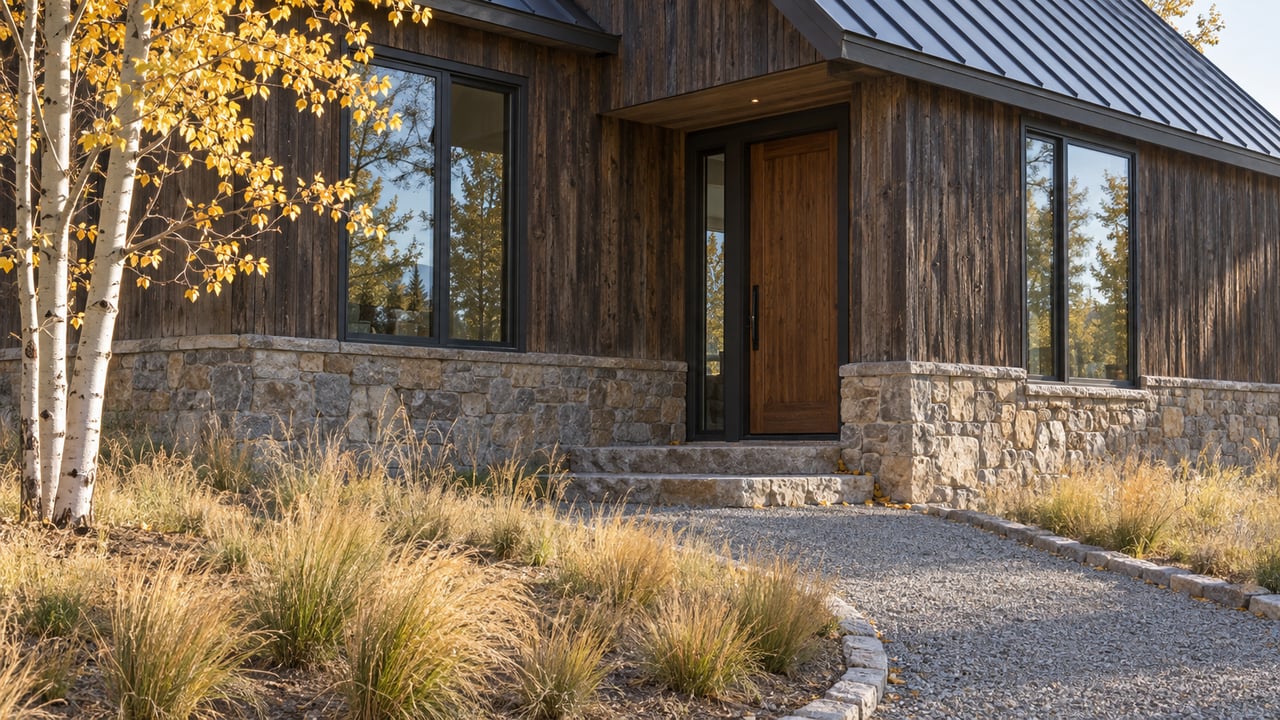 Timber-and-stone house with a recessed wood entry, curved stone path, and golden meadow grasses.