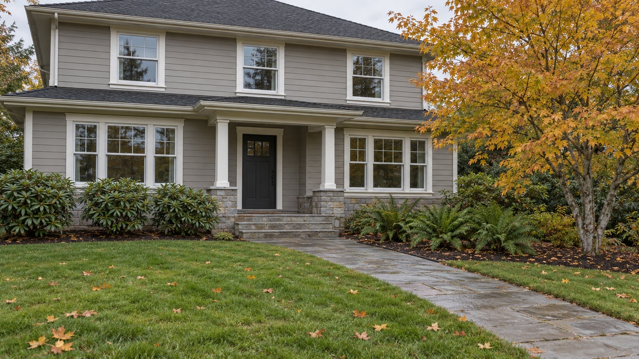 Traditional gray wood-sided home behind a broad autumn lawn, with stone entry steps and a yellow-orange vine maple.
