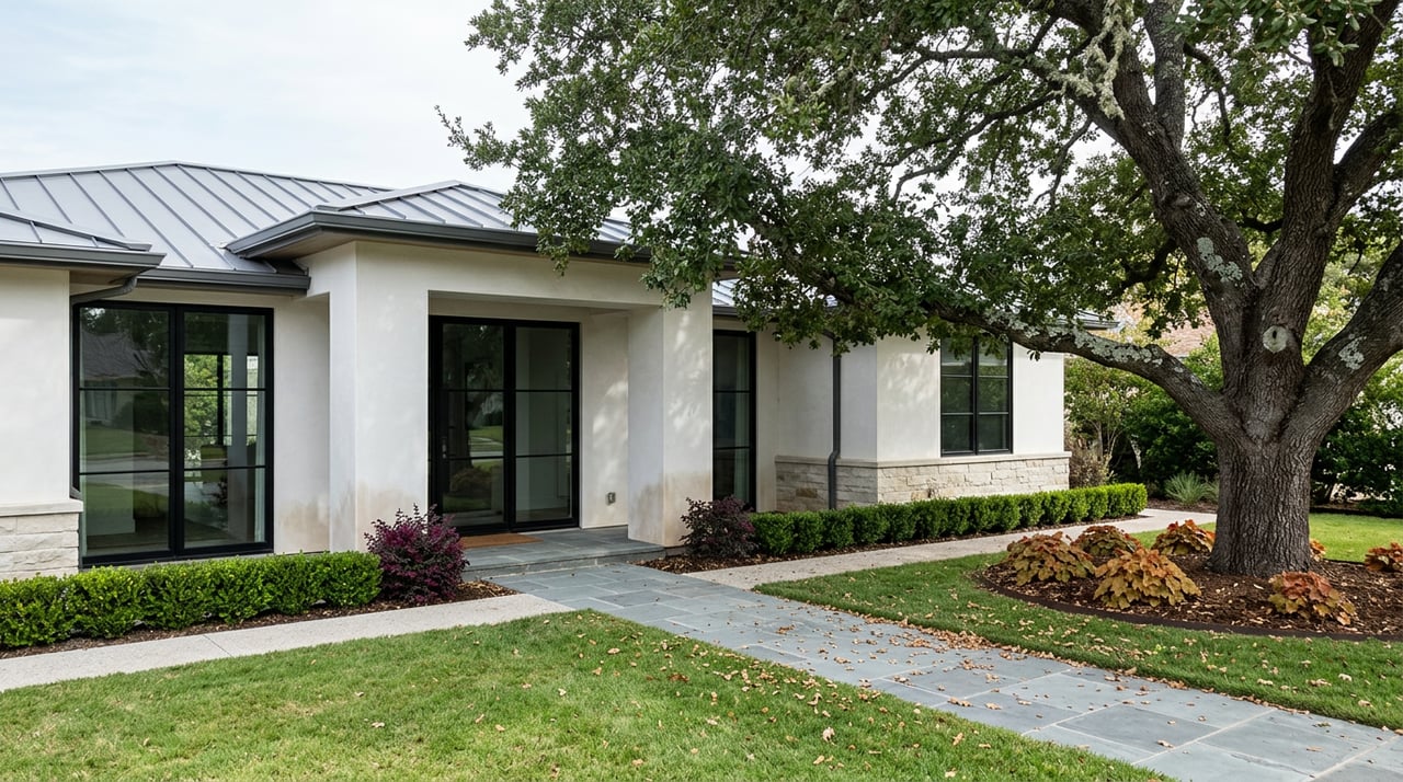 A mature oak shades a white stucco residence, with a bluestone path crossing the lawn.