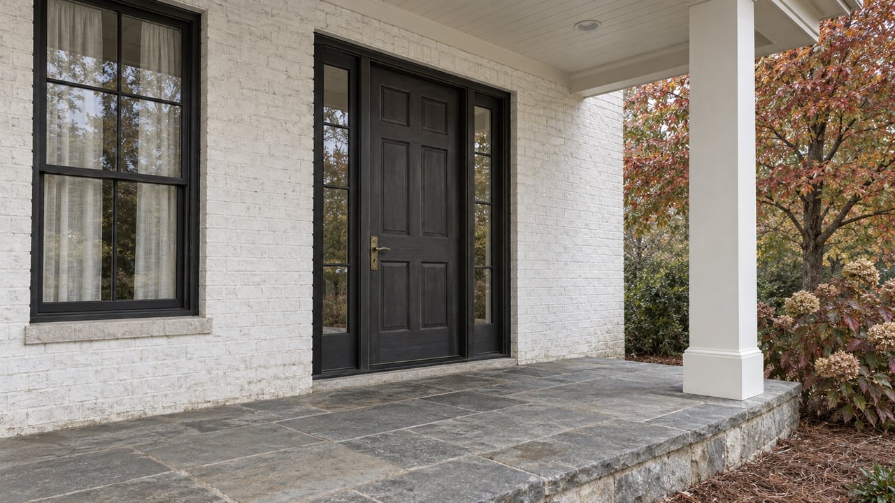 White-painted brick entry with a charcoal door, paired glazed sidelights, gray flagstone porch and autumn foliage at the edge.
