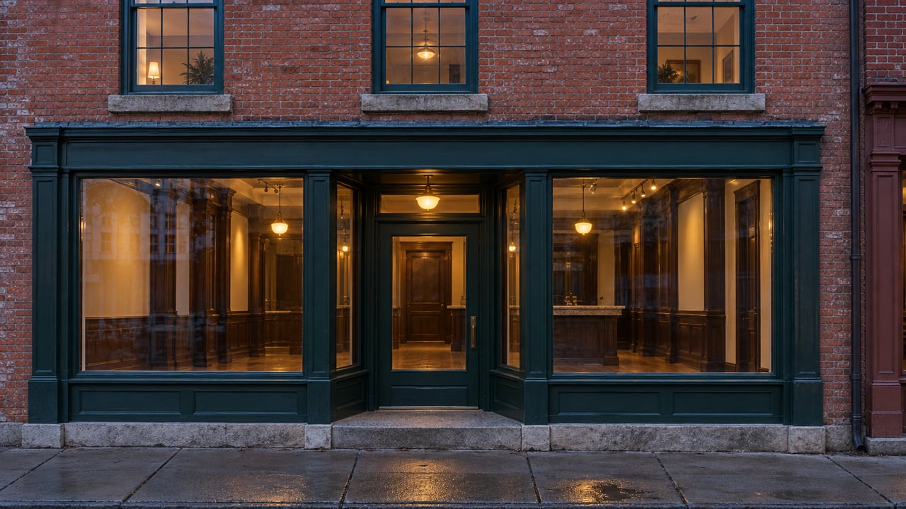 Two-story brick storefront with dark green framing, warm-lit windows, and a shallow puddle on the sidewalk.