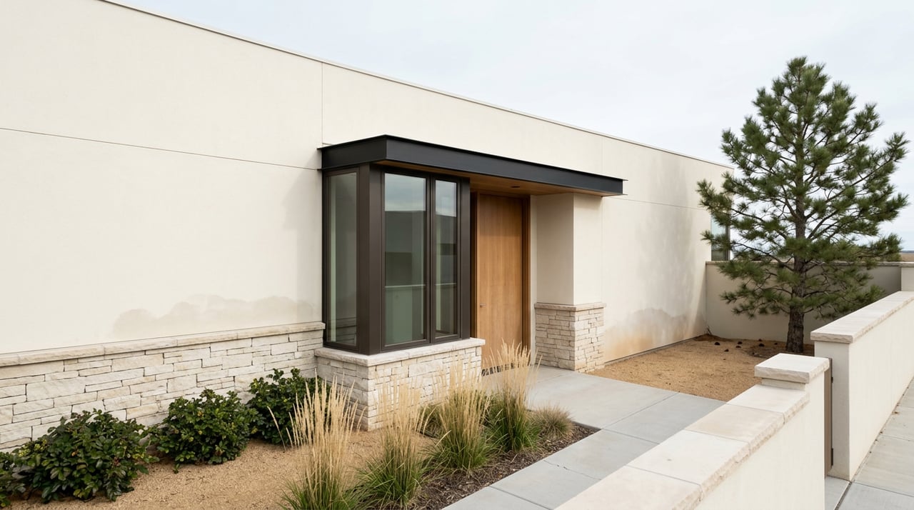 Two-story stucco-and-stone home with bronze-framed windows, wood entry door, pine, and grasses on a compact lot.