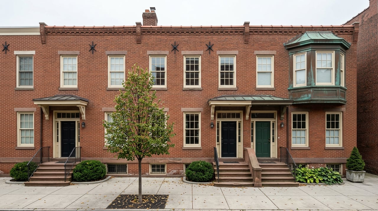 Three attached brick rowhouses with a copper bay window, iron stoop rails, and a linden tree along the sidewalk.