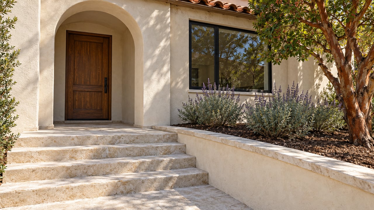 Sunlit stucco home entry with an arched oak door, limestone steps, black-framed window, and a planted terrace.