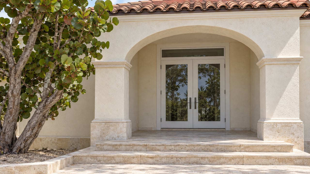 Cream stucco home with a clay-tile roof, arched glazed entry, worn pale limestone steps and one sculptural sea-grape tree.
