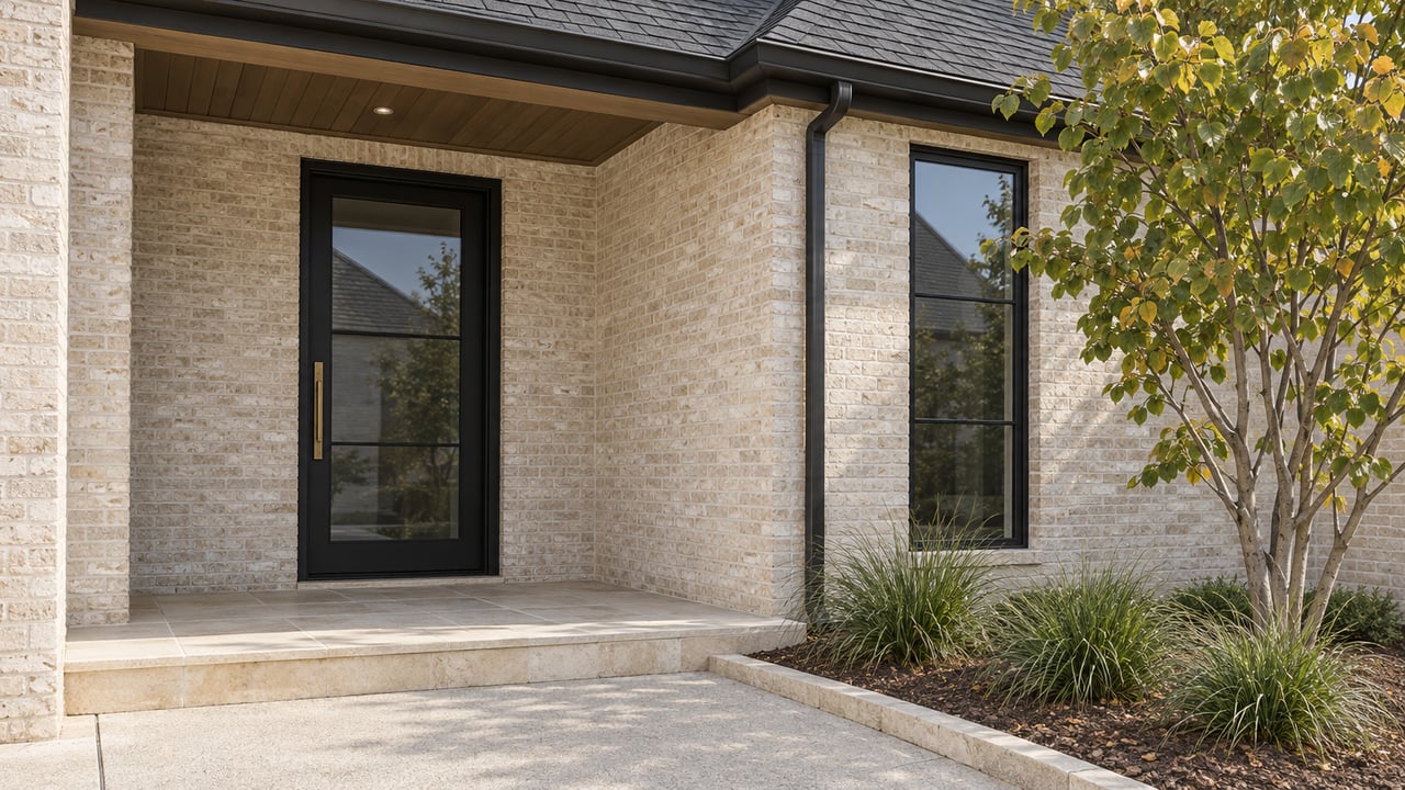 Pale brick home entrance with a black glazed door, limestone porch and a sculptural small tree beside the approach.